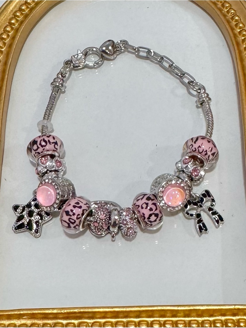 New Silver-Tone Pink Charm Bracelet with Leopard Bead Accents